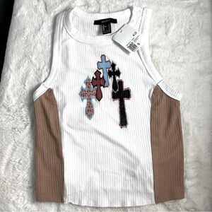 Forever 21 Racerback ribbed cropped tan and white tank with crosses, NWT, S